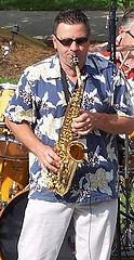 Photo of Bob Michalski playing his saxaphone